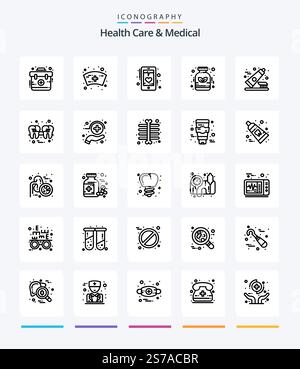 Creative Health Care und Medical 25 Outline Icon Pack wie Zahnbürste. Medizin. ekg. Homöopathie. Alternative Stock Vektor