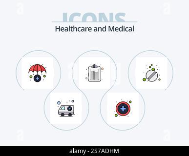 Medical Line Filled Icon Pack 5 Icon Design. Temperatur. Herzpflege. Zahnärztlich. Puls. Schlag Stock Vektor