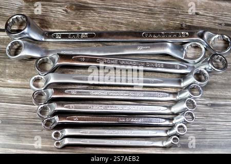 Doppelringschlüssel, Handwerkzeugsatz, verschiedene Werkzeuge wie Ringschlüssel, Kombischlüssel und -Schlüssel, Winkelsteckschlüssel, Zangen, Zangen, Zangen, Bolzen Stockfoto