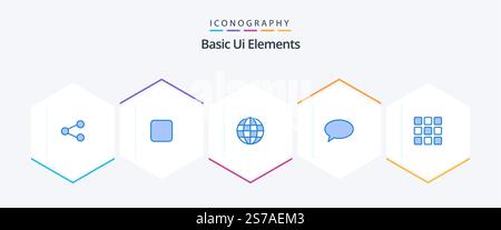 Grundlegende UI-Elemente 25 Blaues Symbolpaket einschließlich Form. Web. Globus. E-Mail. Unterhalten Stock Vektor