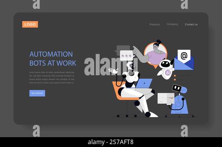 Konzept der Automatisierung von Geschäftsprozessen. Roboter, die Aufgaben effizient verwalten und Innovationen am Arbeitsplatz demonstrieren. Optimierter Workflow mit KI-Technologie. Vektorabbildung. Stock Vektor