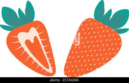 Hand gezeichnete Erdbeeren ganz und halb bunt gesunde Beere. Icon Logo oder Karte Design Element Idee. Isolierte Vektor-Illustration Thematische Karten oder Menükarten, Aufkleber, Broschüren, Etiketten oder Web-Werbebanner Stock Vektor