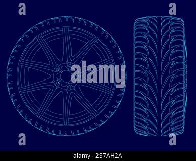 Nahaufnahme eines Reifens mit blauem Hintergrund. Der Reifen ist von der Seite und das Rad im Detail dargestellt Stock Vektor
