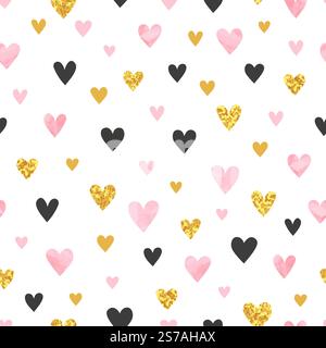 Rosafarbenes und goldenes Herzmuster. Valentinstag nahtloser Hintergrund Stock Vektor
