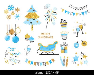Weihnachtsset. Sammlung von Weihnachtselementen für die Gestaltung von Grußkarten. Vektor-Illustration von weihnachtsbaum, Geschenke, Bälle Stock Vektor