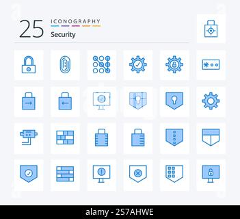 Security 25 Symbolpaket in Blau mit Verriegelungsblock. Pfeil. Sicherheit. Sicherheit. Passwort Stock Vektor