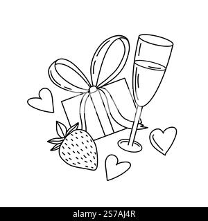 Hand gezeichnete Vektor-Illustration der Geschenkbox mit Band, Champagnerglas, Erdbeere, Herzen. Lineare Schwarzweißgrafik. Geeignet für Postkarten, banne Stock Vektor