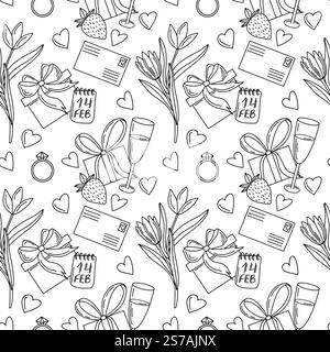 Handgezeichnetes Valentinstag-Muster mit Geschenken, Blumen, Herzen, Sektgläsern und Ringen. Lineare Schwarzweiß-Kunst im Doodle-Stil. Perfekt für Stock Vektor