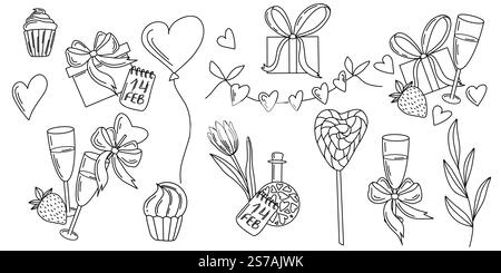 Hand gezeichneter Valentinstag Vektor Set mit Geschenken, Blumen, Herzen, Champagnergläsern, Cupcakes, und romantische Details. Kritzelkunst im Outline-Stil. Ideal Stock Vektor