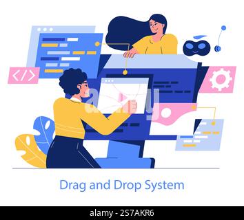Konzept der Automatisierung von Entwicklungsprozessen. Profis optimieren den Workflow mit einem Drag-and-Drop-System. Effiziente digitale Lösungen. Vektorabbildung. Stock Vektor