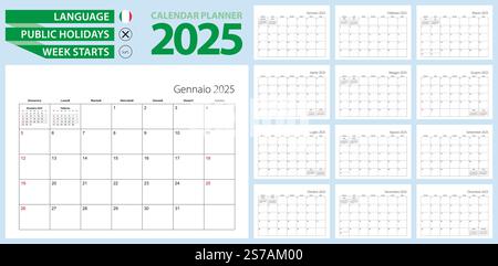 Italienischer Kalenderplaner für 2025. Italienische Sprache, die Woche beginnt am Sonntag. Vektorvorlage. Stock Vektor