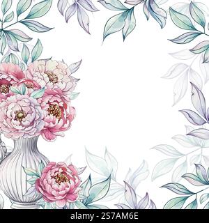 Üppige rosafarbene Pfingstrosen versammeln sich in einer anmutigen Vase, umgeben von sanften Blättern, die Ruhe und Eleganz in jede Designvorlage und jeden Hintergrund einladen Stock Vektor