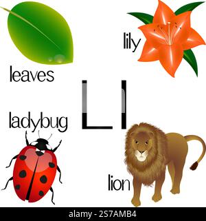 Illustration zum Unterrichten des englischen Alphabets mit Zeichentrickfilm. Der Buchstabe L.. Stock Vektor