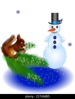 Schneemann und Eichhörnchen auf einem Ast. Stock Vektor