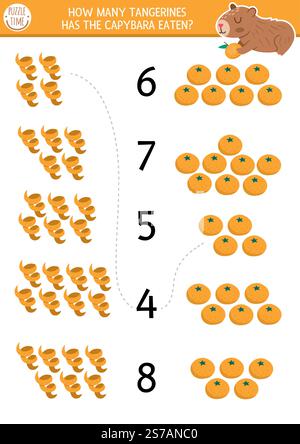 Passen Sie das Zahlen Capybara Spiel mit Mandarinen oder Orangen und deren Schale an. Capibara-Mathe-Aktivität für Vorschulkinder. Arbeitsblatt zur Zählung des Bildungswesens mit Stock Vektor