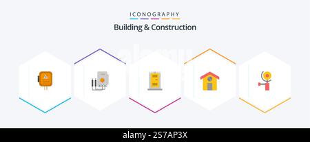 Building and Construction 25 Flat Symbolpaket einschließlich Schleifen. Baugewerbe. Tester. Haus. Stadt Stock Vektor