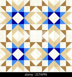 Rustikales Patchwork-Karomuster, nahtloser Quilt-Blockmuster-Hintergrund, mit einfachen Formen, leicht strukturiert, Vektorillustration, blau, Braun Stock Vektor