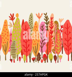Nahtloses Vektormuster aus farbenfrohen Herbsthölzern mit minimalistischen Stiefeln, die an gemütliche Herbststimmung erinnern. Perfekt für saisonale Designs, Textilien, Tapeten und Geschenkpapier mit modischem Waldmotiv. Vektorabbildung Stock Vektor