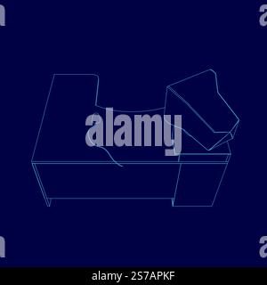 Blaue Zeichnung eines Schreibtisches mit Computermonitor und Tastatur. Der Schreibtisch ist leer und der Monitor ist ausgeschaltet Stock Vektor