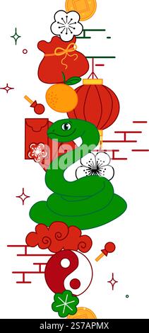 Chinesisches Neujahrs-Laternen-Festival grüne Schlange nahtlose Grenze. Grafische Linet Vector-Illustration. Dekoratives Banner Für Das Neujahrsfest. Chinesisches Neujahr E Stock Vektor