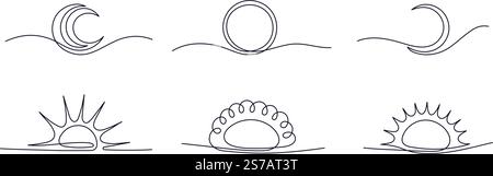 Sonne, Mond, eine durchgehende Linie untergeht. Von Hand gezeichnetes Vektorsymbol auf weißem Hintergrund. Illustration mit Kritzeleien Stock Vektor