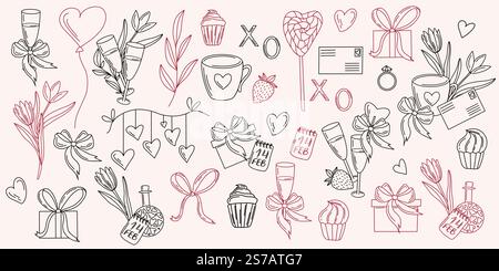 Hand gezeichneter Vektor Valentinstag Umrisselemente. Herzen, Blumen, Geschenkboxen, Band, Kalender, Cupcakes, Erdbeeren, Tassen, Champagner und Briefe Stock Vektor