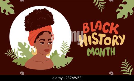 Poster „Schwarzer Monat der Geschichte“. Niedliche Afroamerikanerin mit Blättern und Schriftzug in Farben Flagge. Vektorabbildung. Flach horizontaler Hintergrund Temp Stock Vektor