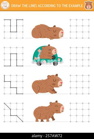 Capybara Zeichnen, Schreiben, Nachzeichnen, Raumorientierung für Kinder mit niedlichen Tieren. Zeichnen Sie die Linien in einem quadratischen Feld gemäß dem Beispiel. Prescho Stock Vektor