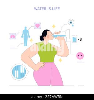 Gesundes Lifestyle-Konzept. Frau, die Wasser trinkt, um hydratisiert zu bleiben, veranschaulichte Vorteile für Körper und Geist. Tägliche Hydratation wichtig für die Gesundheit. Vektorabbildung. Stock Vektor