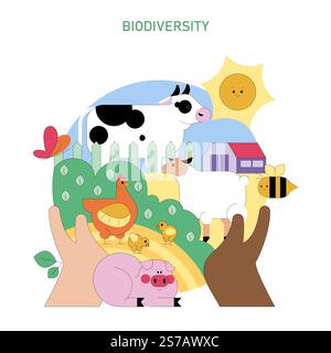 Biodiversitätskonzept. Eine farbenfrohe Darstellung des landwirtschaftlichen Lebens und der landwirtschaftlichen Vielfalt mit einer Vielzahl von Tieren. Harmonie des landwirtschaftlichen Ökosystems. Vektorabbildung. Stock Vektor