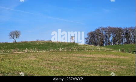 Jagdturm auf dem Hügel in der Landschaft im Frühling. Stockfoto
