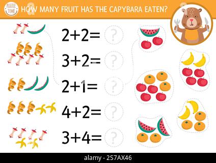 Wie viele Obstspiele mit süßer Capybara. Capibara-Math-Additionsaktivität für Vorschulkinder. Einfaches, druckbares Arbeitsblatt zur Zählung für Kinder mit ca. Stock Vektor