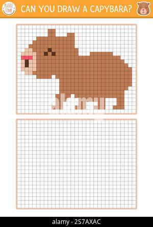 Zeichnen Sie die Capybara nach Pixelraster. Vektorzeichnung Übungsblatt mit niedlichem Tier. Druckbare Schwarzweiß-Aktivität für Kinder. Kopieren Sie die Bildkol Stock Vektor
