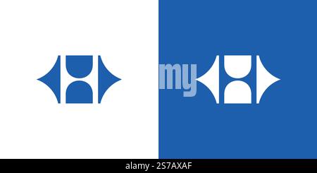 Ein abstraktes geometrisches H-Logo mit blauen und weißen Elementen auf einem geteilten Hintergrund, das modernes Design und kreatives Branding symbolisiert. Ideal Stock Vektor