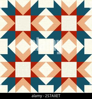 Rustikales Patchwork-Karomuster, nahtloser Quilt-Blockmuster-Hintergrund, mit einfachen Formen, leicht strukturiert, Vektor-Illustration, roter Türkis Stock Vektor