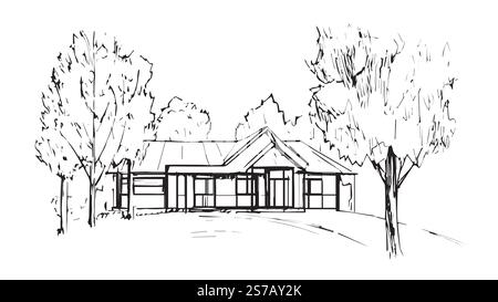 Ein-Line-Verkäufer. Gebäudekomplex im Wald. Von Hand gezeichnete durchgehende Linie der Skizze. Verkaufen Sie eigene Familie Kundenkonzept Vektorillustration Stock Vektor