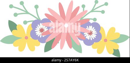 Pastellfarbene Blumen und Blätter sind in einem Blumenstrauß angeordnet, was ein fröhliches und lebendiges Blumenarrangement vor einem sauberen weißen Hintergrund schafft Stock Vektor