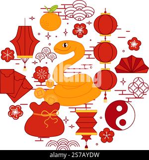 Chinesisches Jahr der Tierkreisschlange 2D-Illustrationskonzept. Grafische Linie Vektor Schlange CNY Laterne Festival runde Komposition. Schlangenreptil. Neujahr anim Stock Vektor