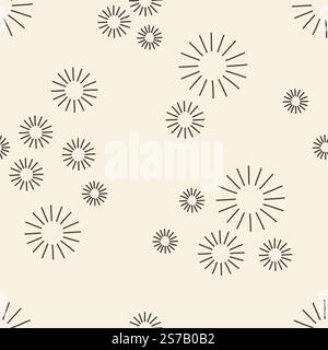 Minimalistisches, nahtloses Muster mit radialen Starburst-Formen auf einem hellen, neutralen Hintergrund. Stock Vektor