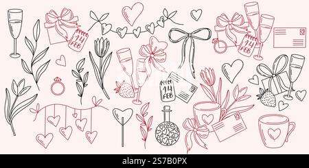Handgezeichnete Vektor-Elemente zum Valentinstag im Umrissstil. Herzen, Blumen, Geschenkboxen, Band, Kalender, Tassen, Erdbeeren, Champagner und Buchstaben i Stock Vektor