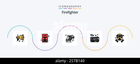 Firefighter Line Filled Flat 5 Icon-Paket inklusive Feuerwehr. Transport. Notfall. Sicherheit. Notfall Stock Vektor
