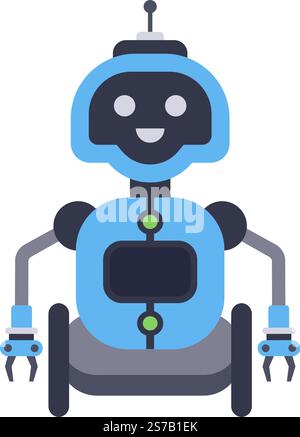 Der moderne blaue Roboter mit Rädern, Greifern und Antenne lächelt glücklich und repräsentiert künstliche Intelligenz, Automatisierung und technologische Fortschritte Stock Vektor