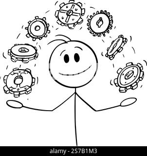 Person jongliert mit Zahnrädern oder Zahnrädern, die technische Lösung, Vektor-Cartoon-Stabfigur oder Charakterillustration anbieten. Stock Vektor