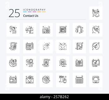 Kontaktieren Sie uns 25 Line Symbolpaket mit Kopfhörer. Chatten. E-Mail. Polster. Brief Stock Vektor