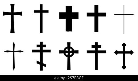 Christliches Kreuz, schwarz-weiße Vektor-Silhouette Illustration der religiösen Kreuzform, isoliert auf weiß, Icon Set Stock Vektor