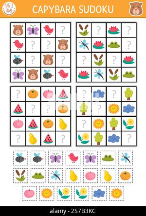 Vektor-Capybara-Sudoku-Puzzle für Kinder mit Bildern. Einfaches Quiz mit geschnittenen und klebenden Elementen. Bildungsaktivität oder Ausmalseite mit Butter Stock Vektor