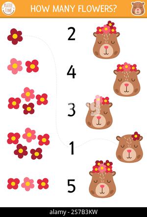 Passen Sie das Zahlenspiel mit Capybara und Blumenkranz an. Capibara-Mathe-Aktivität für Vorschulkinder. Lehrbuch zum Zählen mit niedlichem Tier und Stock Vektor