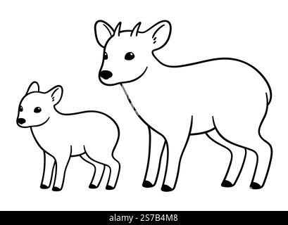 Erwachsener und Baby Pudu, kleiner südamerikanischer Hirsch. Schwarz-weiße Strichgrafik. Niedliche Zeichentrickzeichnung, Vektorillustration. Stock Vektor