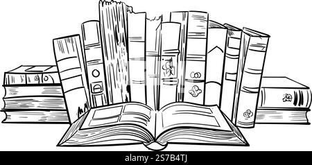 Skizze von Büchern. Handgezeichnetes Bücherset. Geöffnete und geschlossene Bücher. . Symbolgruppe der Doodle Collection. Vektorabbildung Stock Vektor