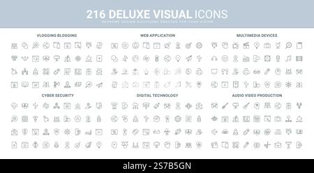 Digitale Geräte, Cybersicherheit, Symbolsatz für Webanwendungslinien. Software, mobile App für Vlogging und Bloggen, Multimedia-Content-Erstellung, Übertragung dünner schwarzer Umrisssymbole Vektorillustration Stock Vektor